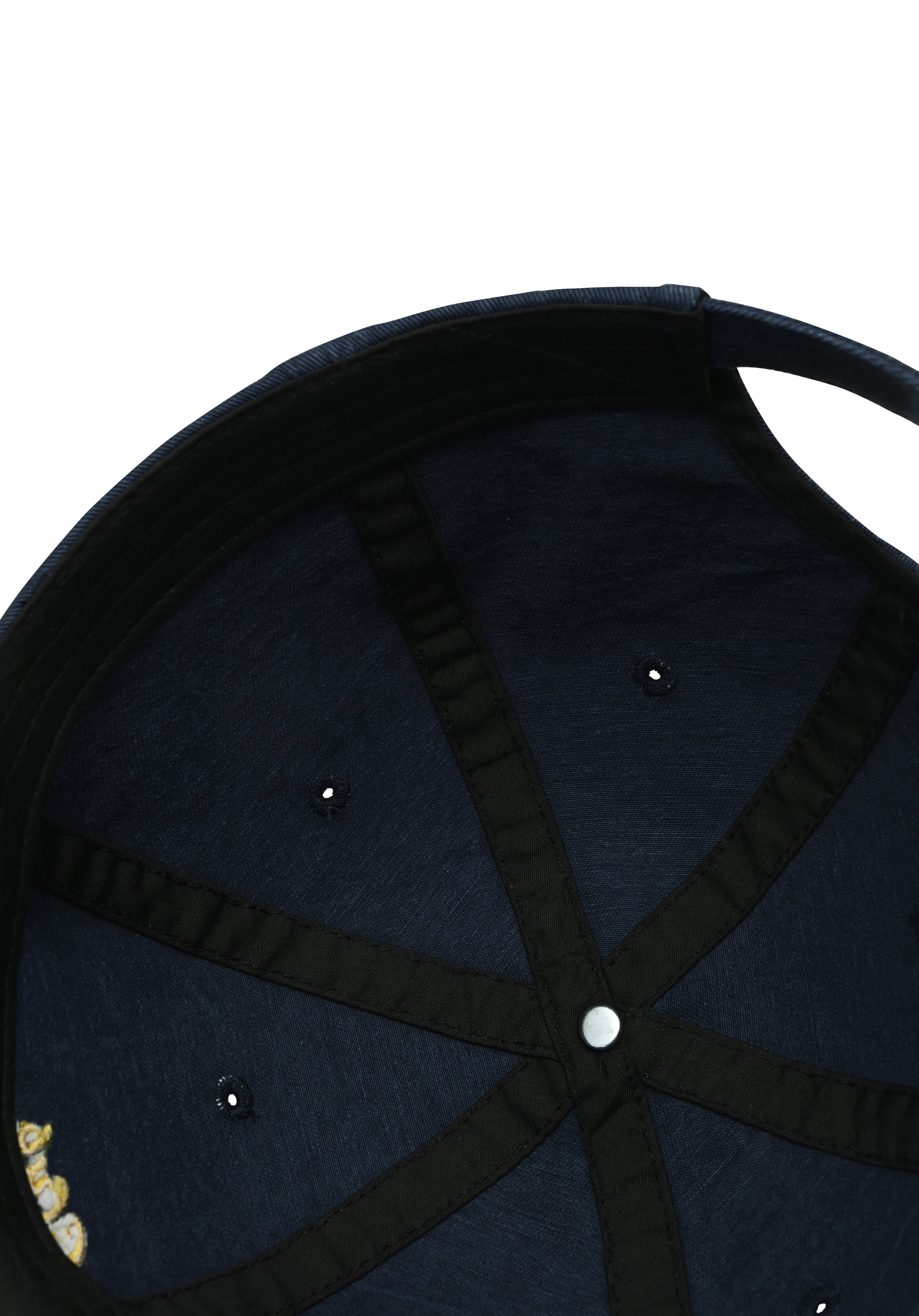 Close-up of a navy blue cap with black strap and white stud on a white background