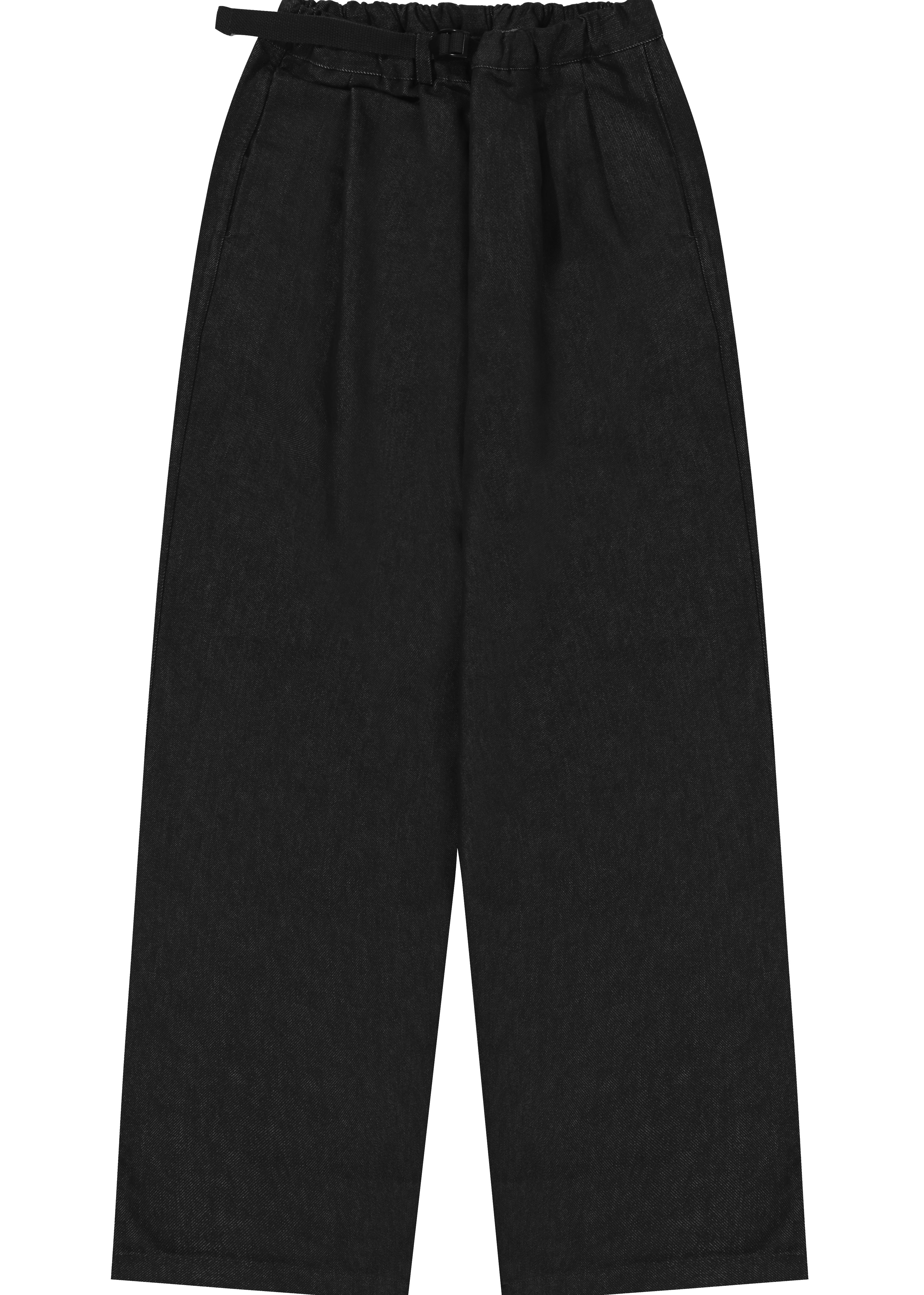 Black denim pants with a belt on a white background