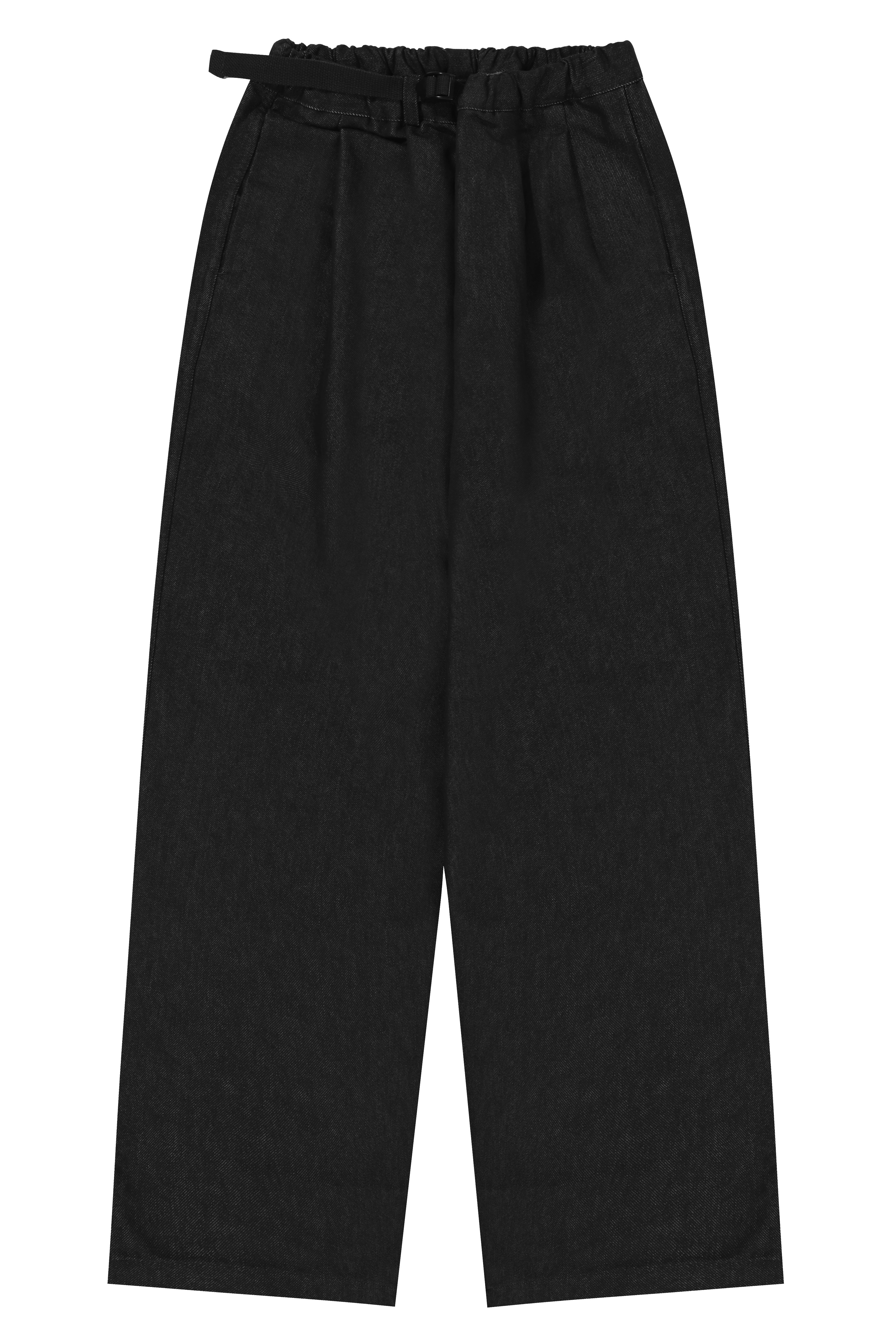 Black denim pants with a belt on a white background