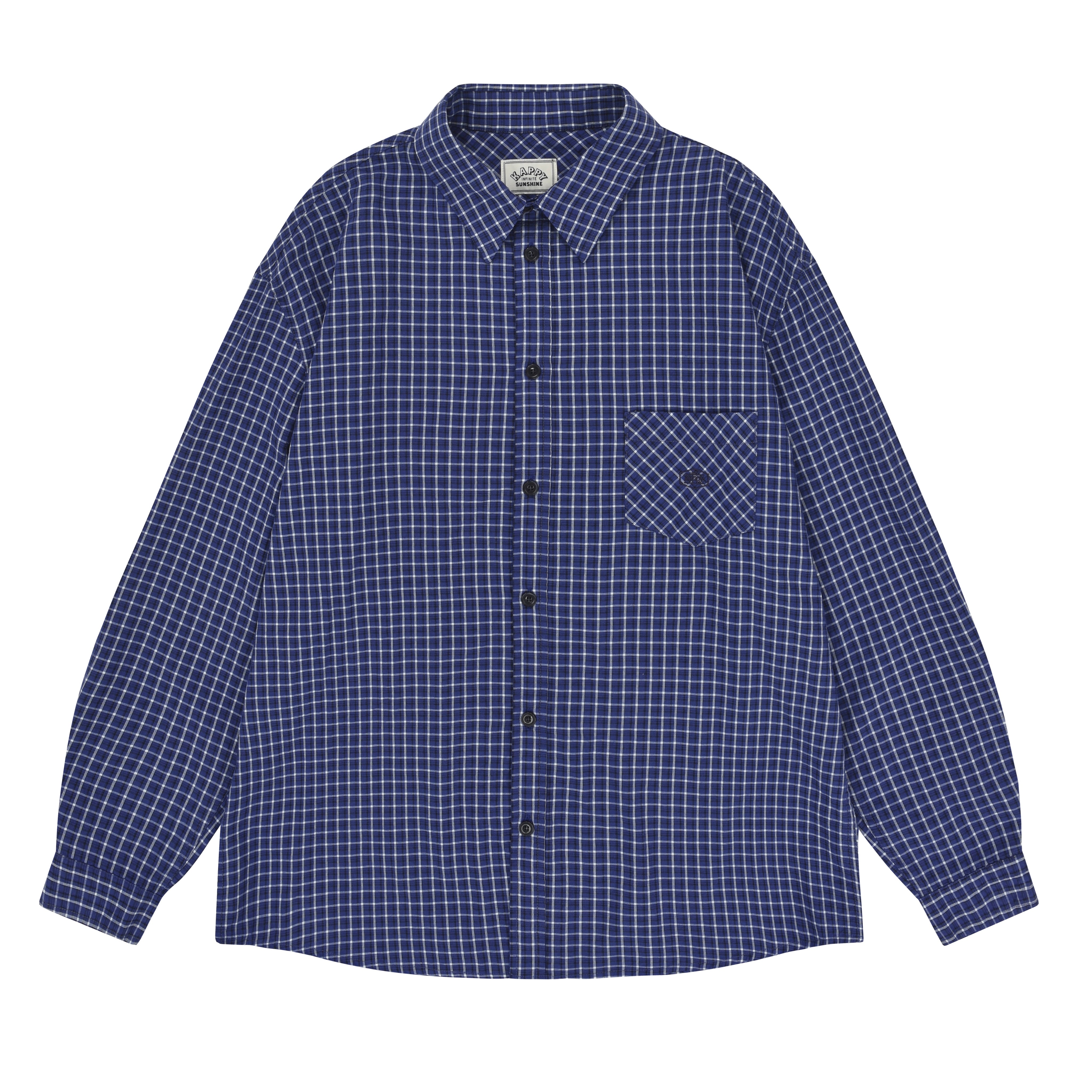 long sleeve Blue checkered shirt with a pocket on a white background