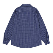 rear view of a long sleeve Blue checkered shirt on a white background