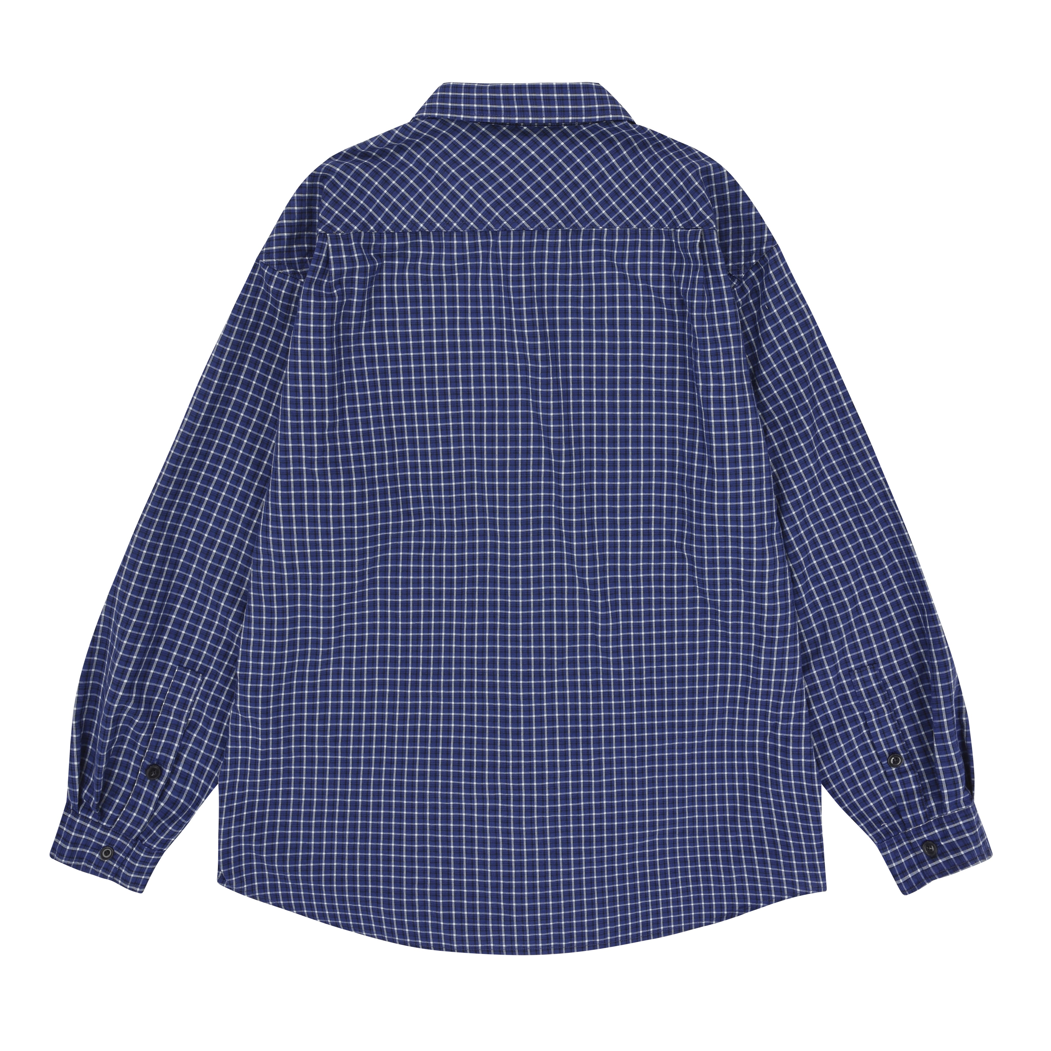 rear view of a long sleeve Blue checkered shirt on a white background
