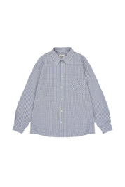 Long sleeve white and blue checkered shirt on a white background