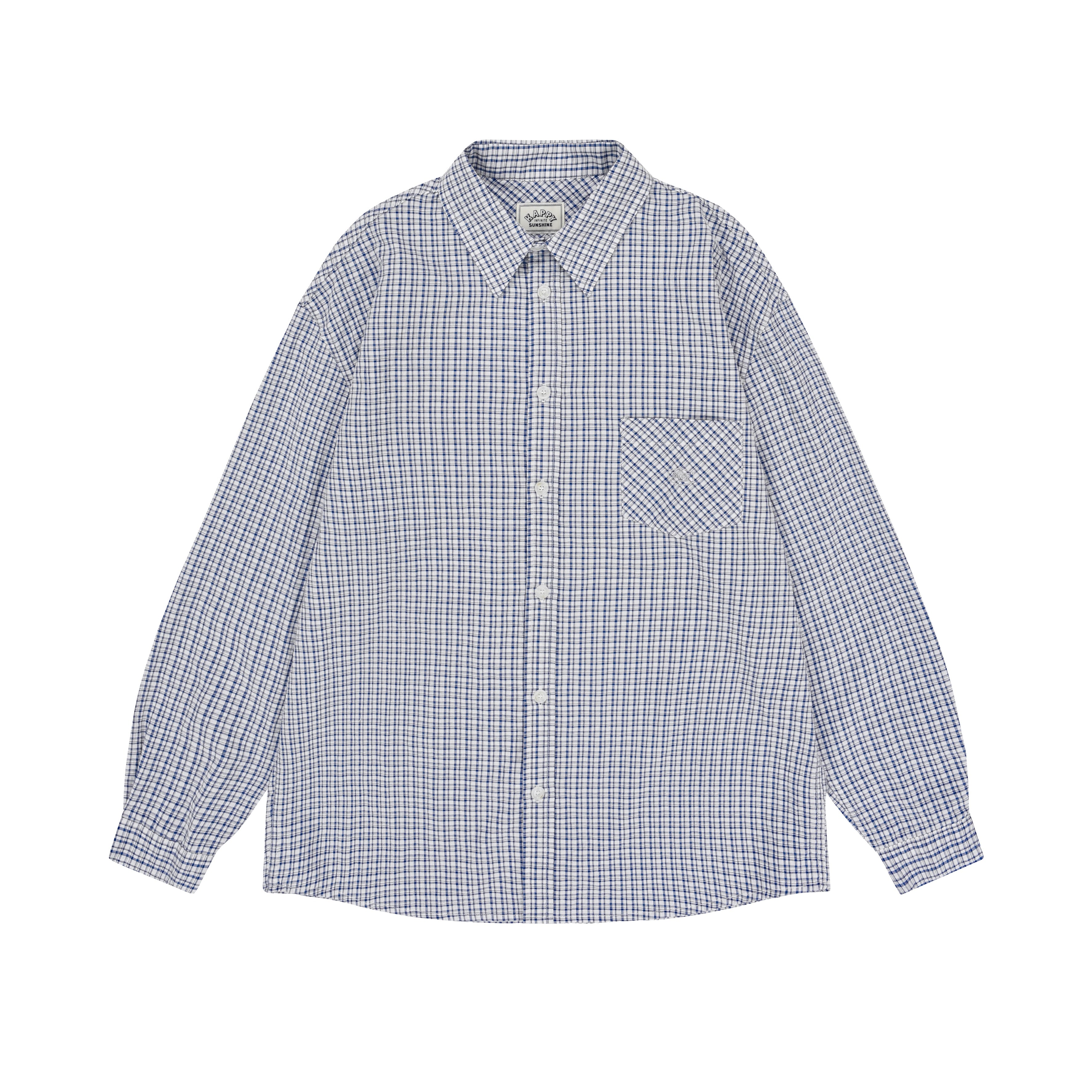 Long sleeve white and blue checkered shirt on a white background