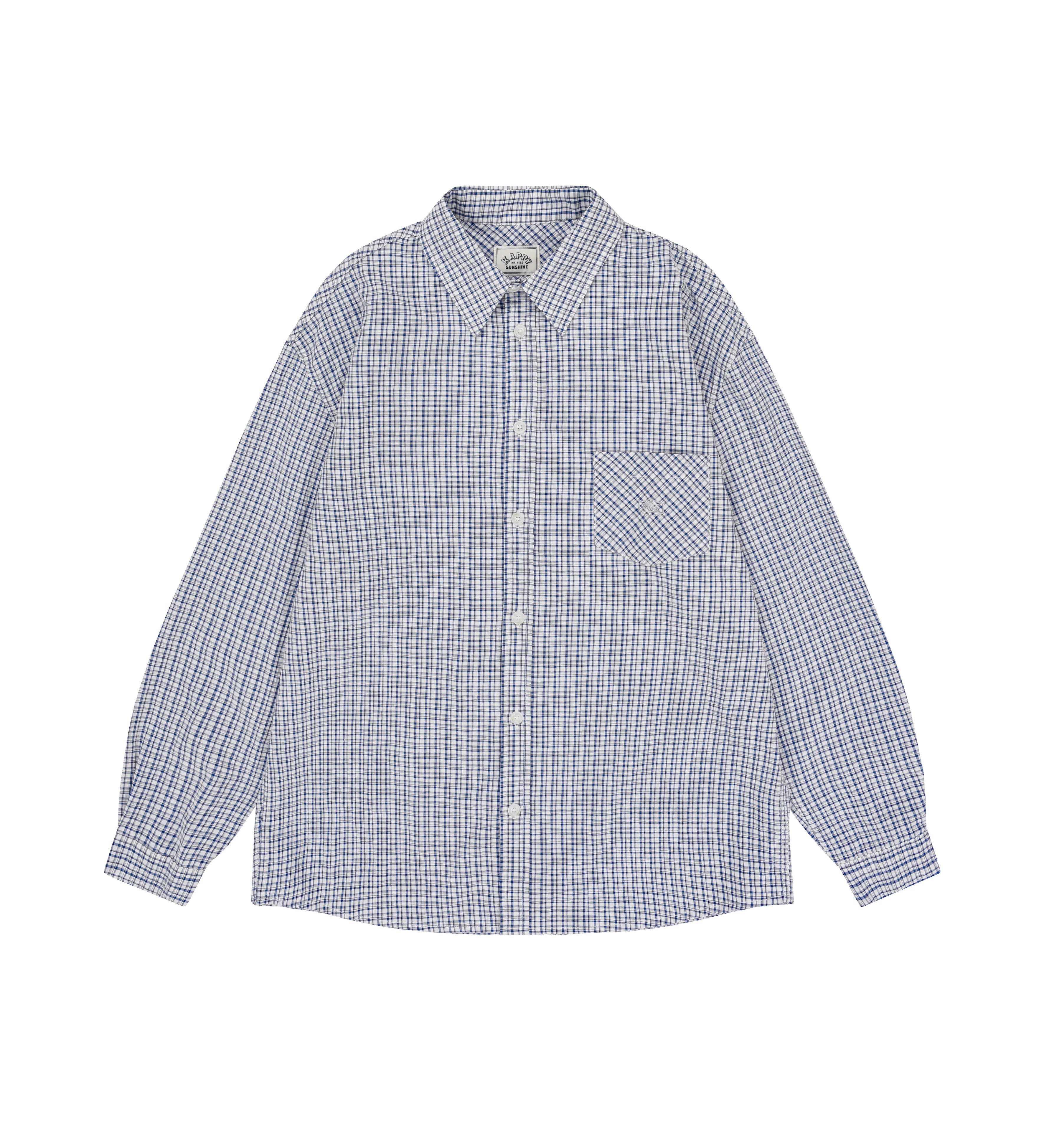 Long sleeve white and blue checkered shirt on a white background