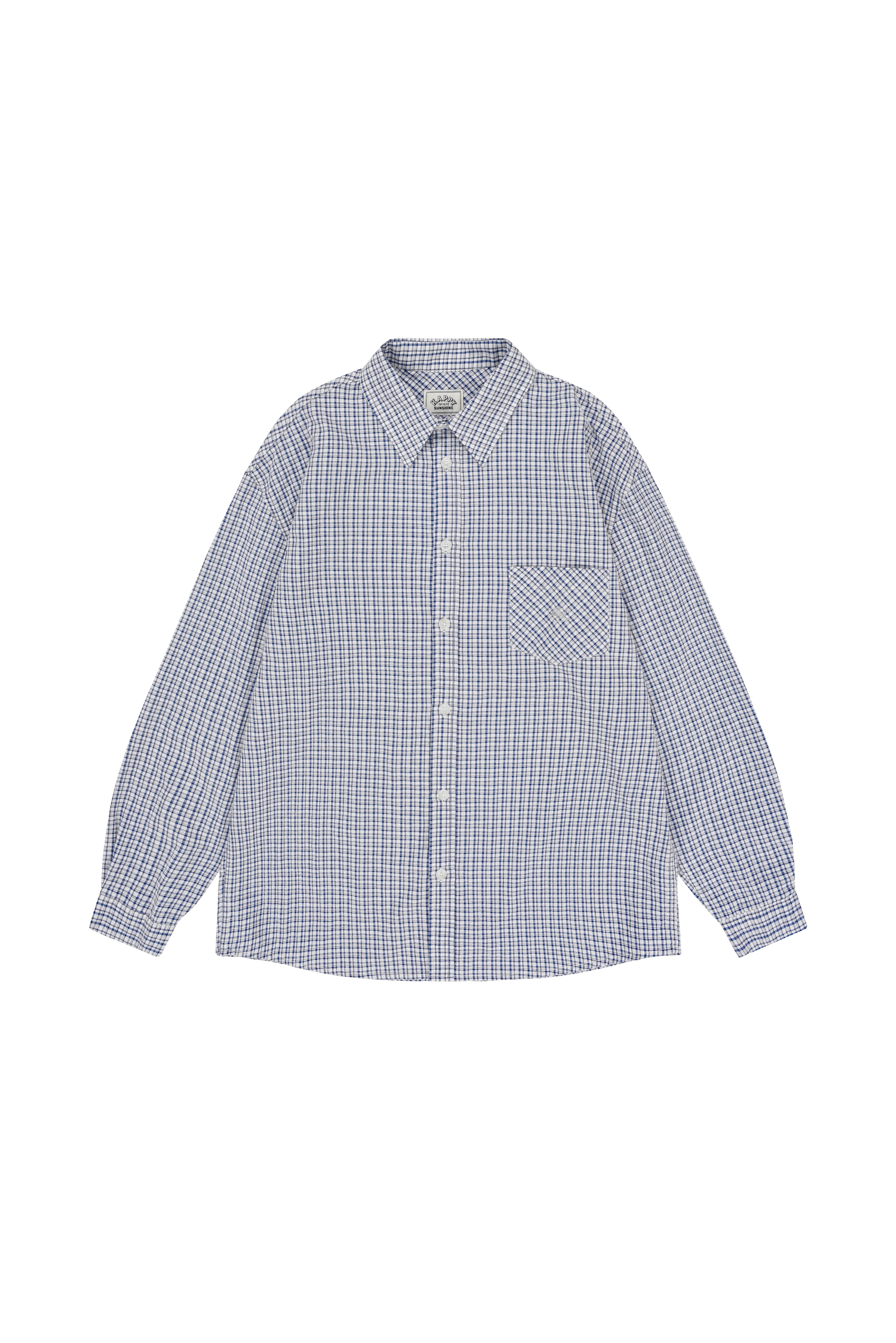 Long sleeve white and blue checkered shirt on a white background