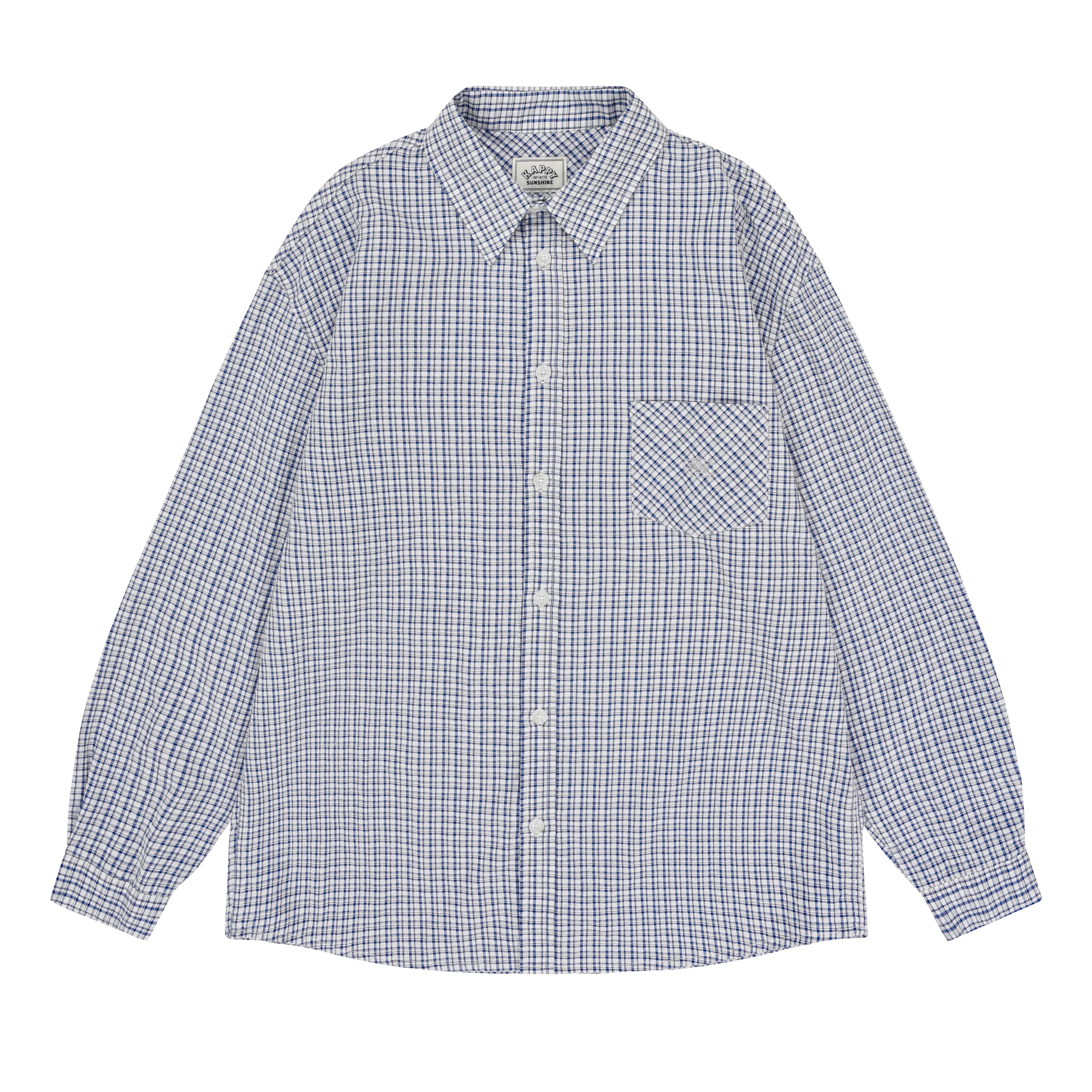 Long sleeve white and blue checkered shirt with a pocket on a white background