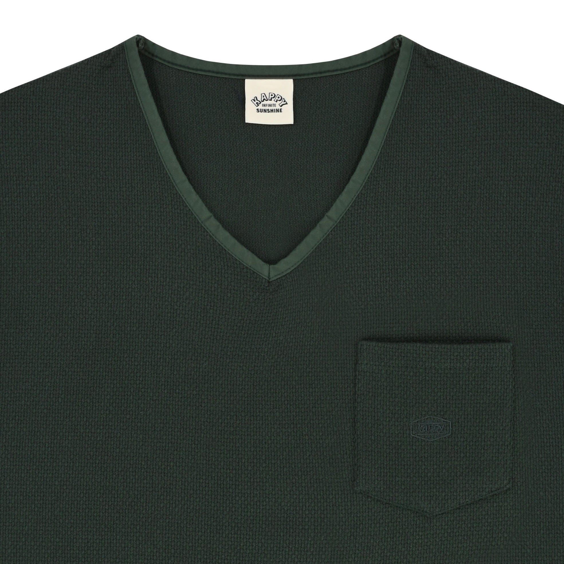 Dark green V-neck shirt with a pocket on a white background